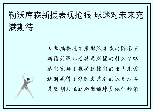 勒沃库森新援表现抢眼 球迷对未来充满期待