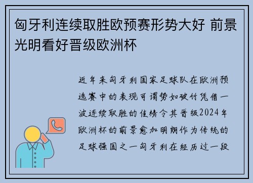 匈牙利连续取胜欧预赛形势大好 前景光明看好晋级欧洲杯