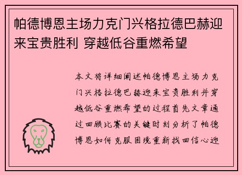 帕德博恩主场力克门兴格拉德巴赫迎来宝贵胜利 穿越低谷重燃希望