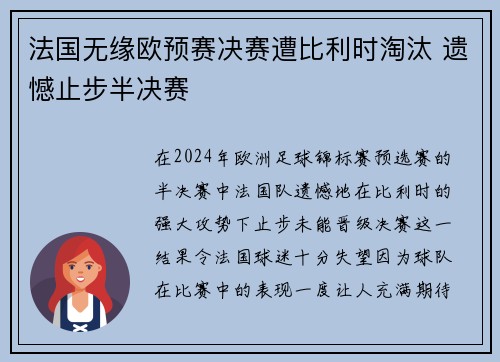 法国无缘欧预赛决赛遭比利时淘汰 遗憾止步半决赛