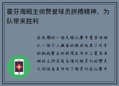 霍芬海姆主帅赞誉球员拼搏精神，为队带来胜利