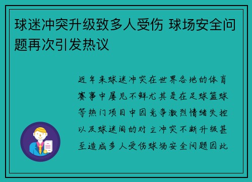 球迷冲突升级致多人受伤 球场安全问题再次引发热议